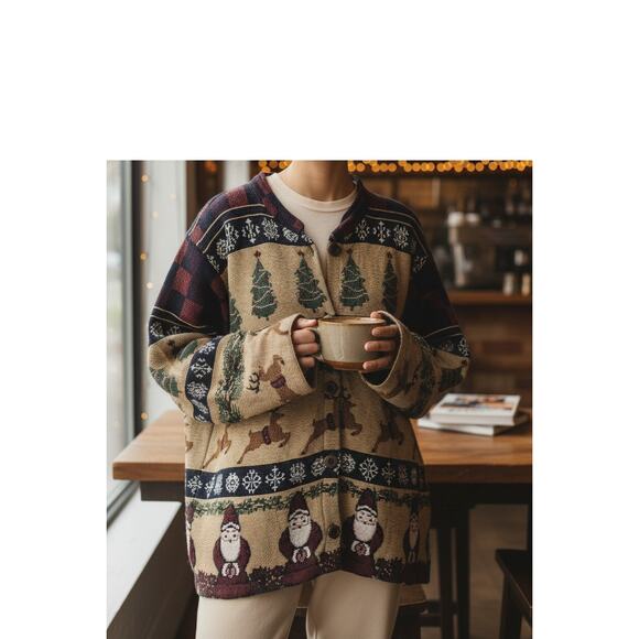 Sugar Street Weavers Vintage USA Red Green Santa Reindeer Tapestry Jacket L - Picture 1 of 7